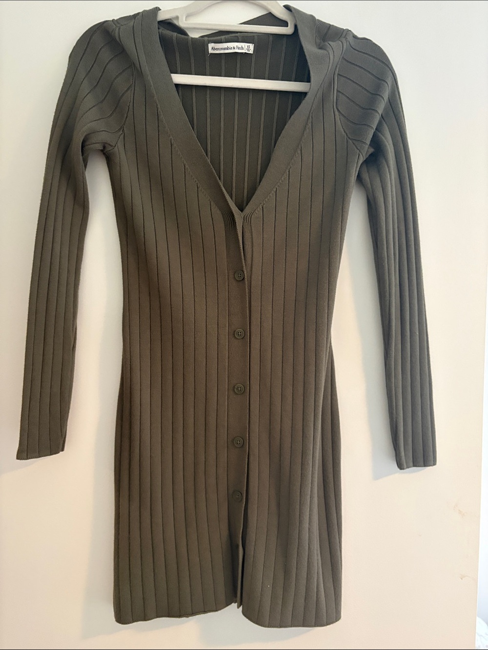 Abercrombie & Fitch Olive Green Ribbed Button-Up Long Sleeve Dress
